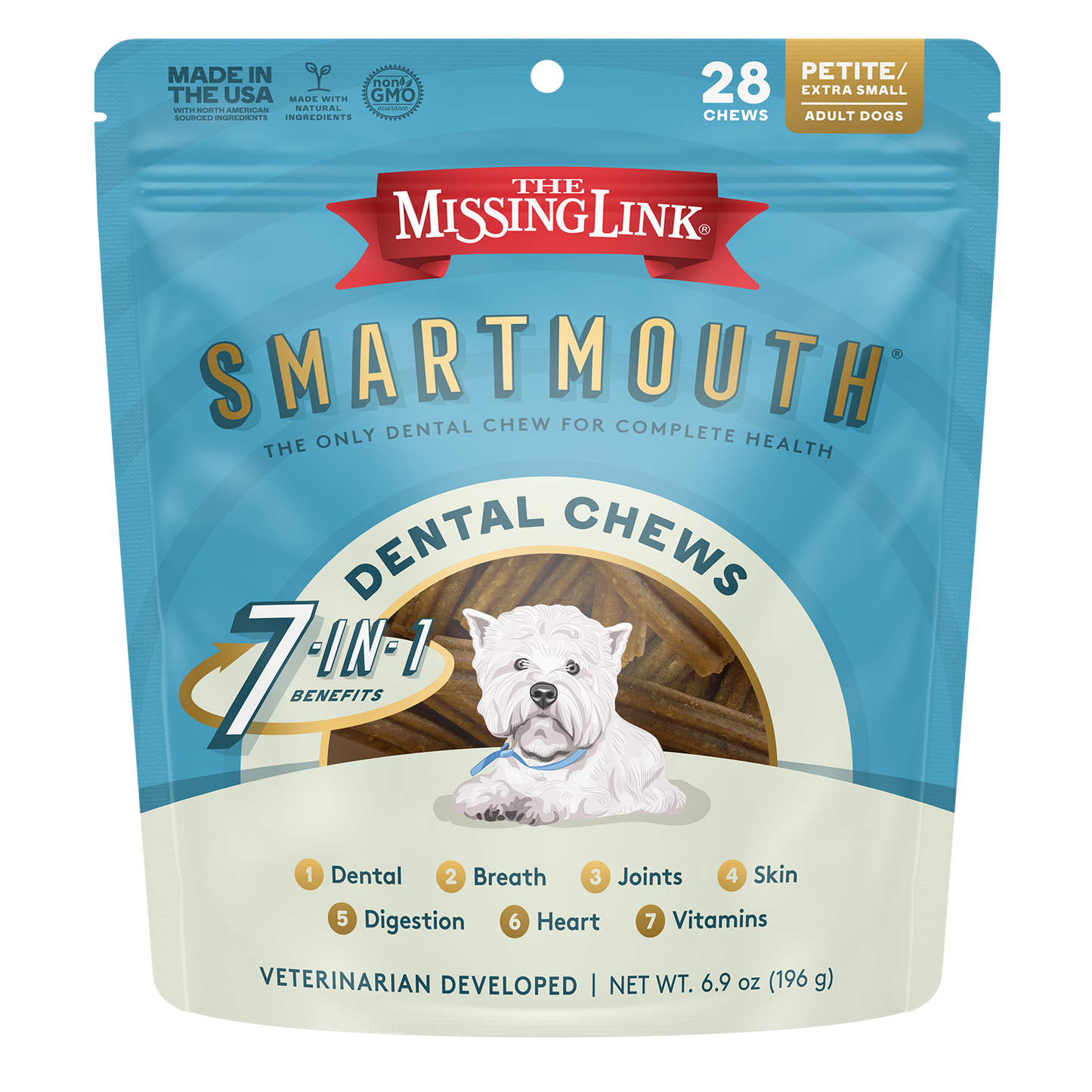 The Missing Link Smartmouth 7 in 1 dental chews, veterinarian developed. Petite / Extra small dog size.