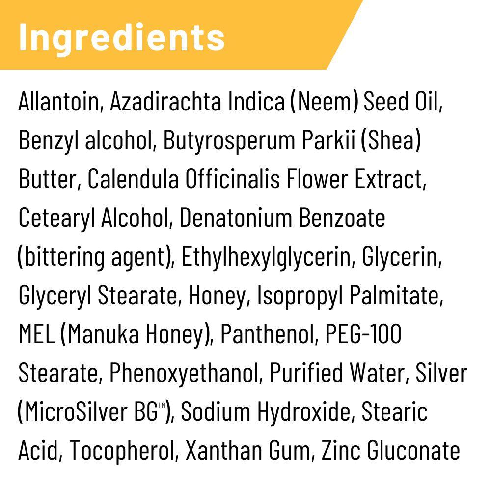 Ingredients label with all the ingredients found in Silver honey ointment