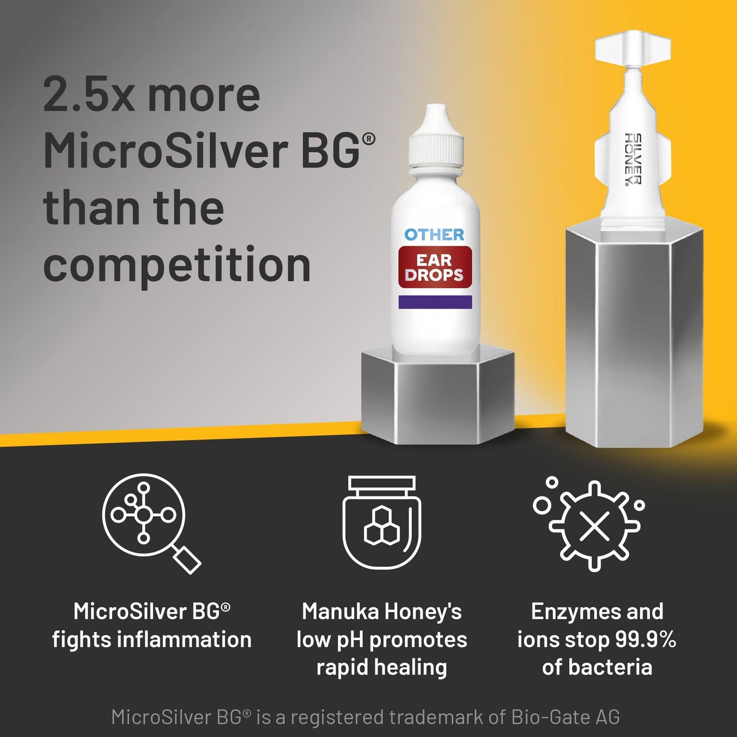 Silver Honey ear drops have 2.5 times more MicroSilver BG than the competition