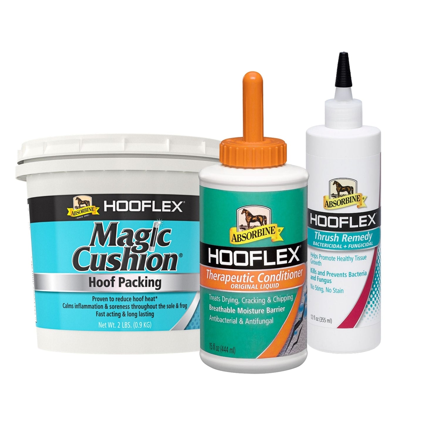 Hoof Care bundle includes 2 pound Magic Cushion Hoof packing, 15 fluid ounce Hooflex Therapeutic Conditioner, and 12 fluid ounces Hooflex Thrush Remedy.