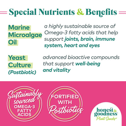 Special nutrients and benefits. Marine microalgae oil which is a highly sustainable source of Omega-3 fatty acids that help support joints, brain, immune system, heart and eyes. Yeast culture (postbiotic) is an advanced bioactive compound that supports well-being and vitality. Honest to Goodness plant snacks are fortified with postbiotics and sustainably sourced omega-3 fatty acids.