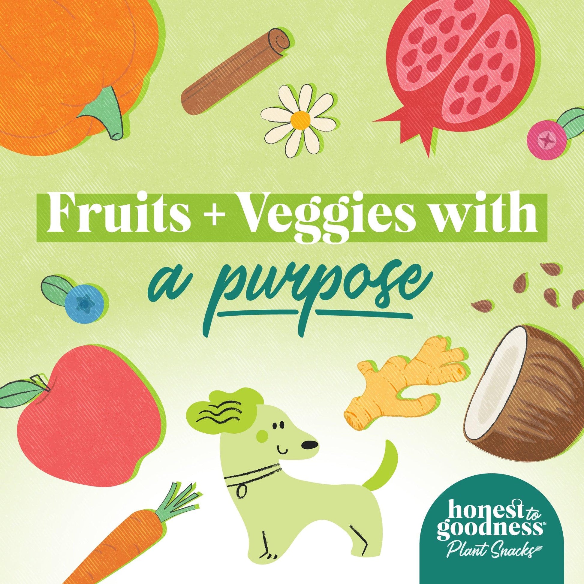 Happy dog surrounded by fruits & vegetables - tagline fruits & vegetables with a purpose. 
