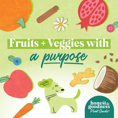 Happy dog surrounded by fruits & vegetables - tagline fruits & vegetables with a purpose. 