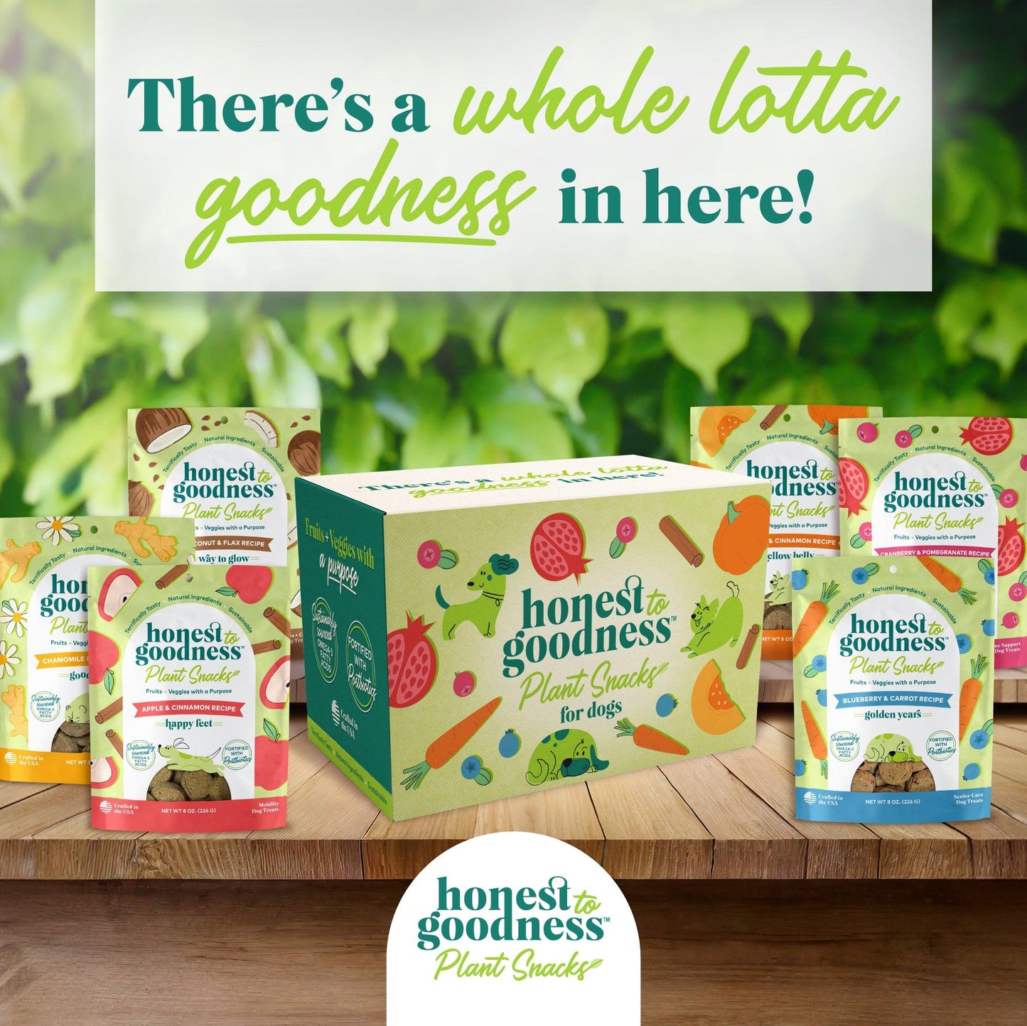 There's a whole lotta goodness in our 6pk variety box of plant based dog treats!