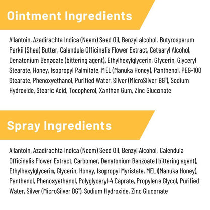 Ingredients label with all the ingredients found in Silver honey ointment, and Silver Honey spray gel.