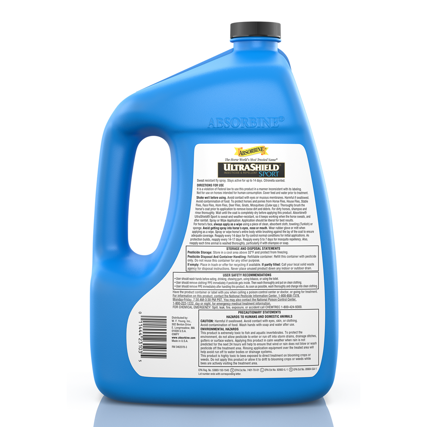 UltraShield® Sport gallon container back label. Directions for use and other directions like storage and user safety.