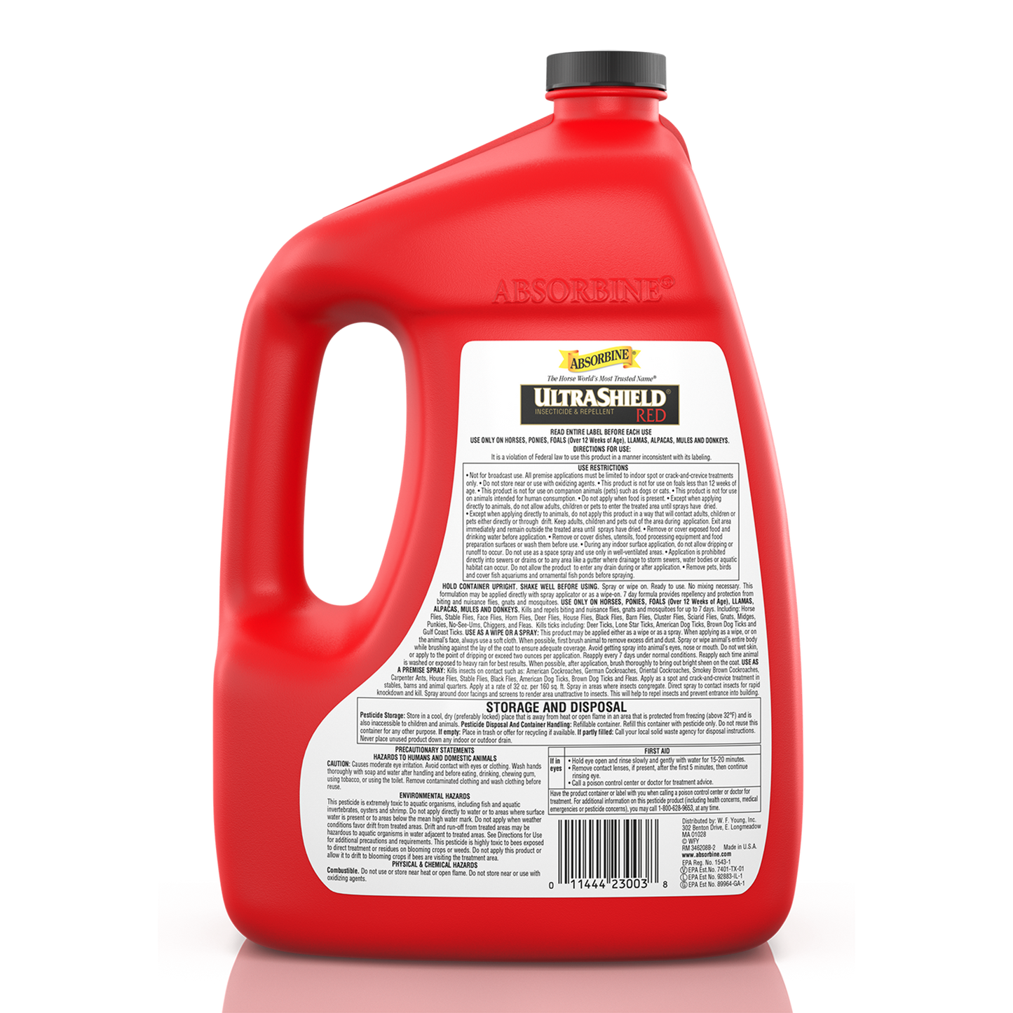 UltraShield® Red insecticide & repellent back label on gallon container.  Contains instructions, storage and disposal and other safety related information.