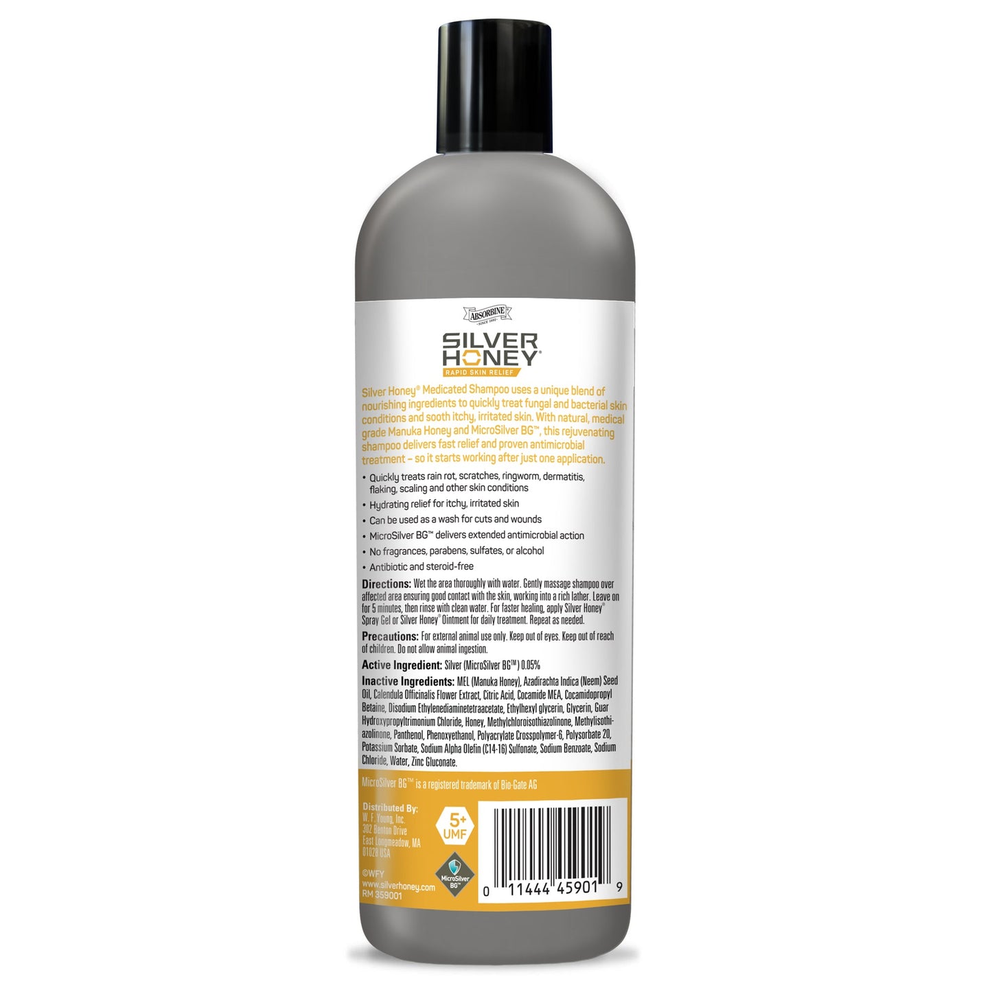 Silver honey medicated shampoo back of bottle.
