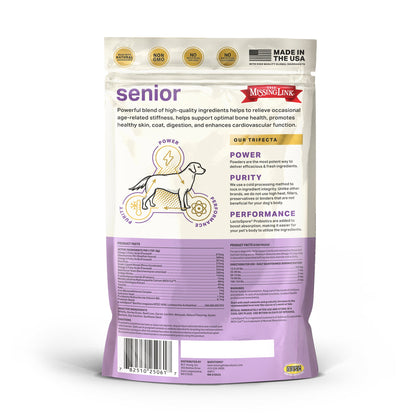 The Missing Link Senior, our trifecta power, purity, and performance!  Back of bag showing the NASC seal of approval on it.