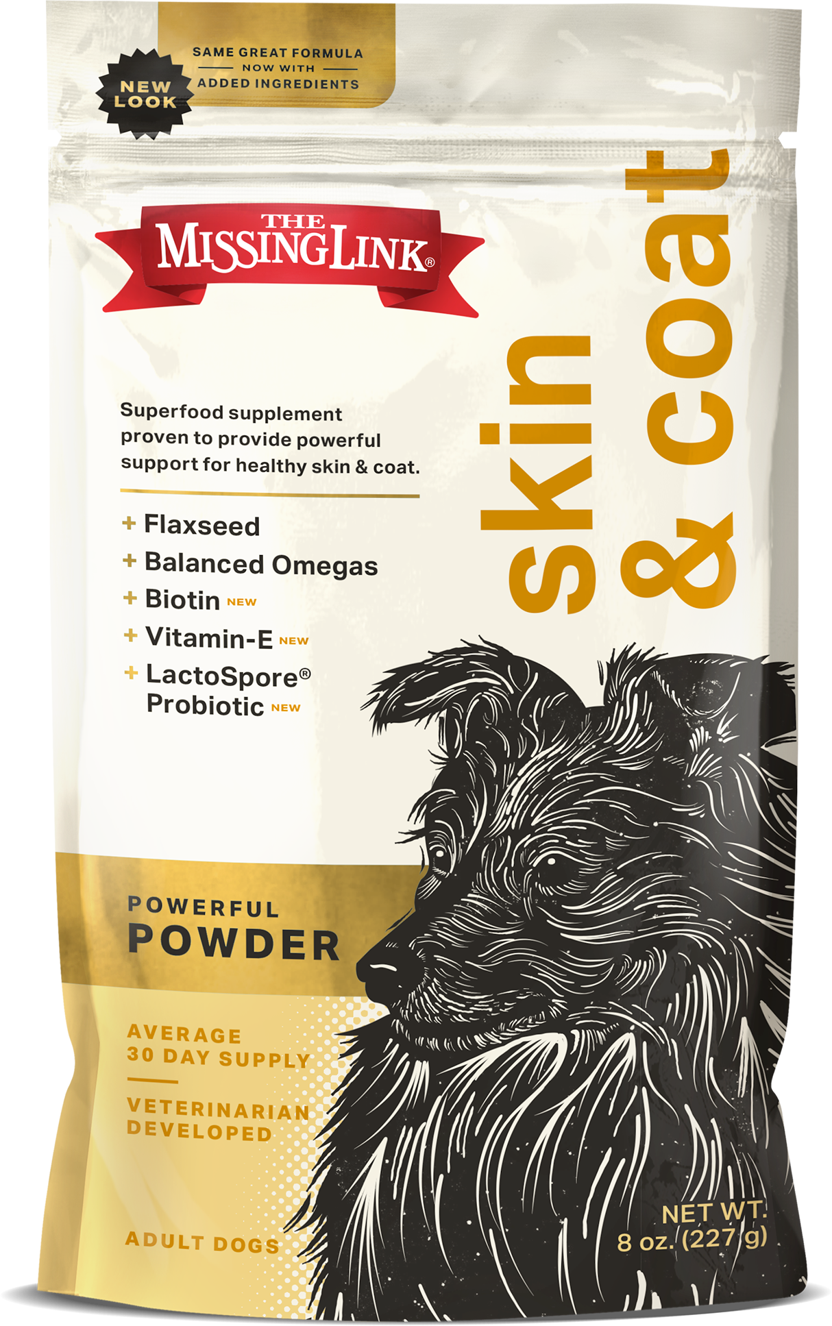 The Missing Link Skin & Coat powerful powder.  One pound bag of Skin & Coat supplement.