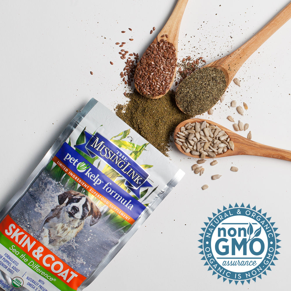 The Missing Link Skin & Coat pet kelp formula, non GMO assurance.  Natural & organic, organic is non-gmo.