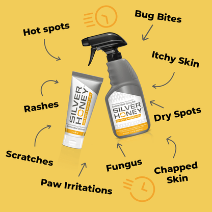 Hot Spot Silver Honey would care ointment, and Silver Honey Hot Spot and Wound care spray gel.  Helps with Hot Spots, rashes, scratches, paw irritation, fungus, chapped skin, dry spots, itchy skin, bug bites and more.