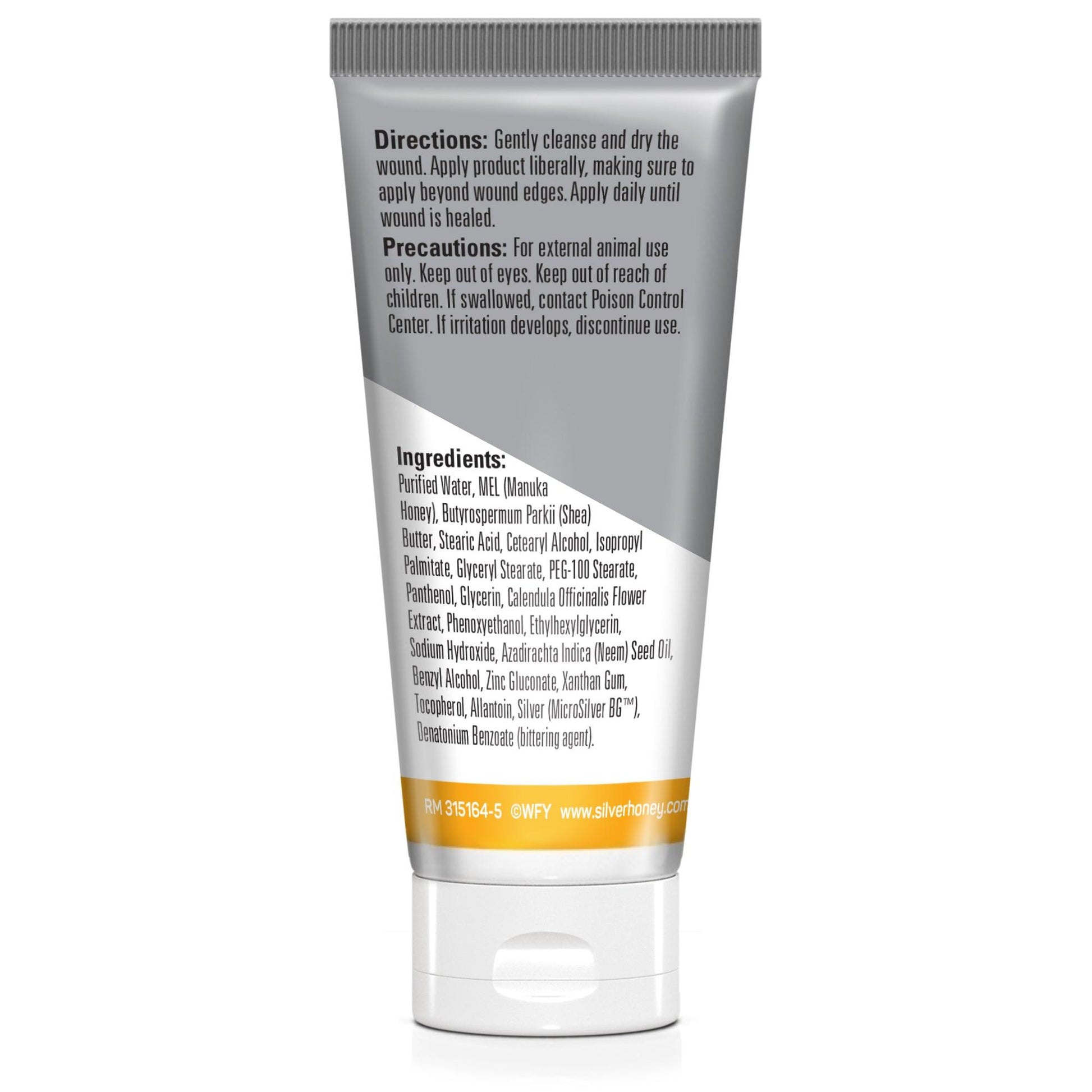 Silver Honey Rapid Wound Repair extra strength antimicrobial ointment 2 ounce back of tube.