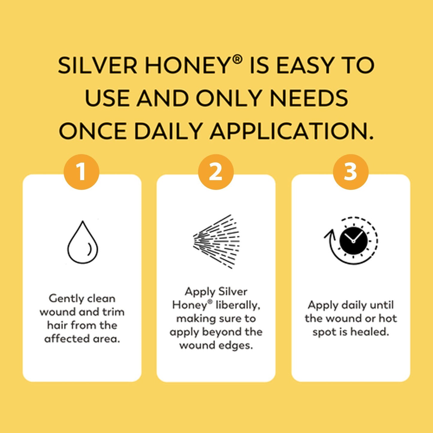Silver Honey is easy to user and only needs one daily application. Instructions 1) clean wound and trim hair from the affected area.  2) Apply Silver Honey liberally, making sure to apply beyond the wound edges.  3) Apply daily until the wound or hot spot is healed.