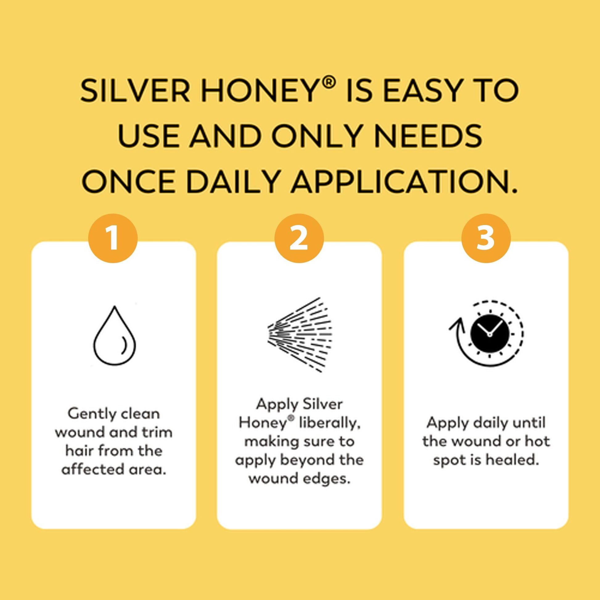 Silver Honey is easy to user and only needs one daily application. Instructions 1) clean wound and trim hair from the affected area.  2) Apply Silver Honey liberally, making sure to apply beyond the wound edges.  3) Apply daily until the wound or hot spot is healed.