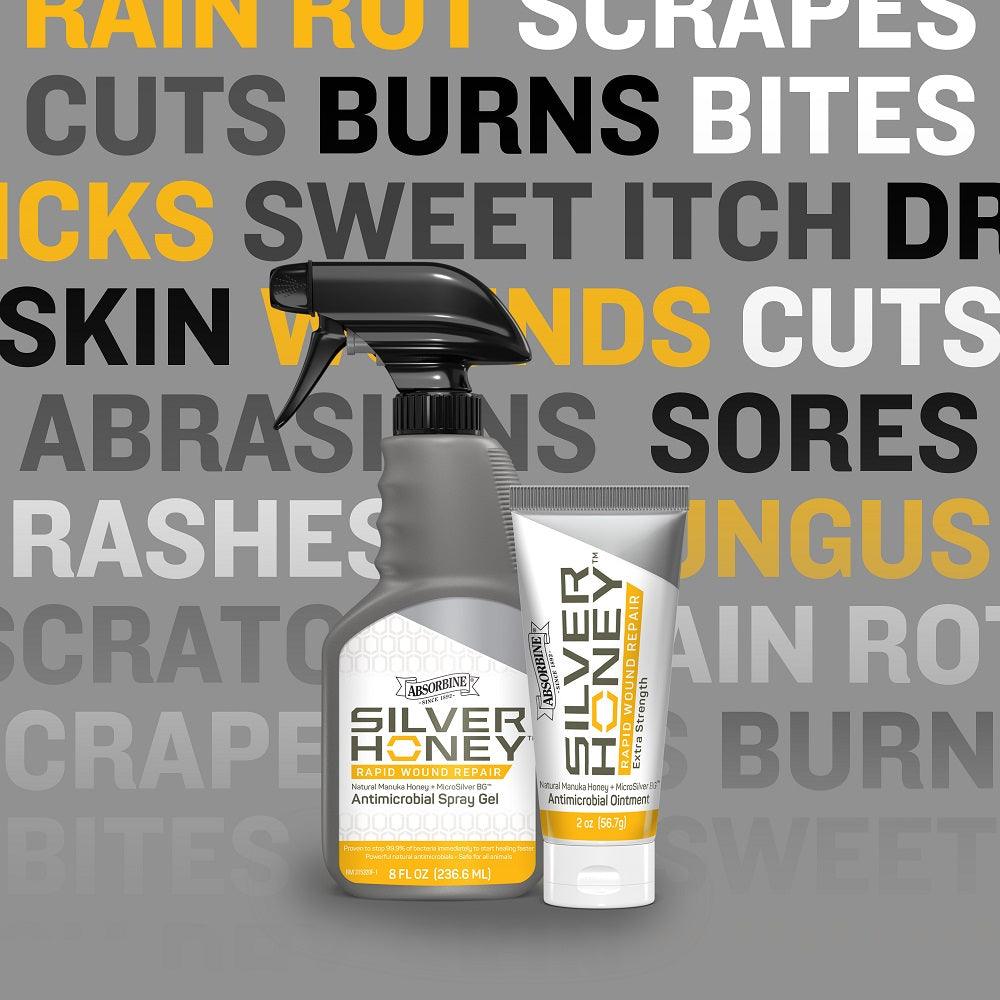 Silver honey rapid would repair Antimicrobial spray gel, next to a tube of Silver honey rapid wound repair ointment.